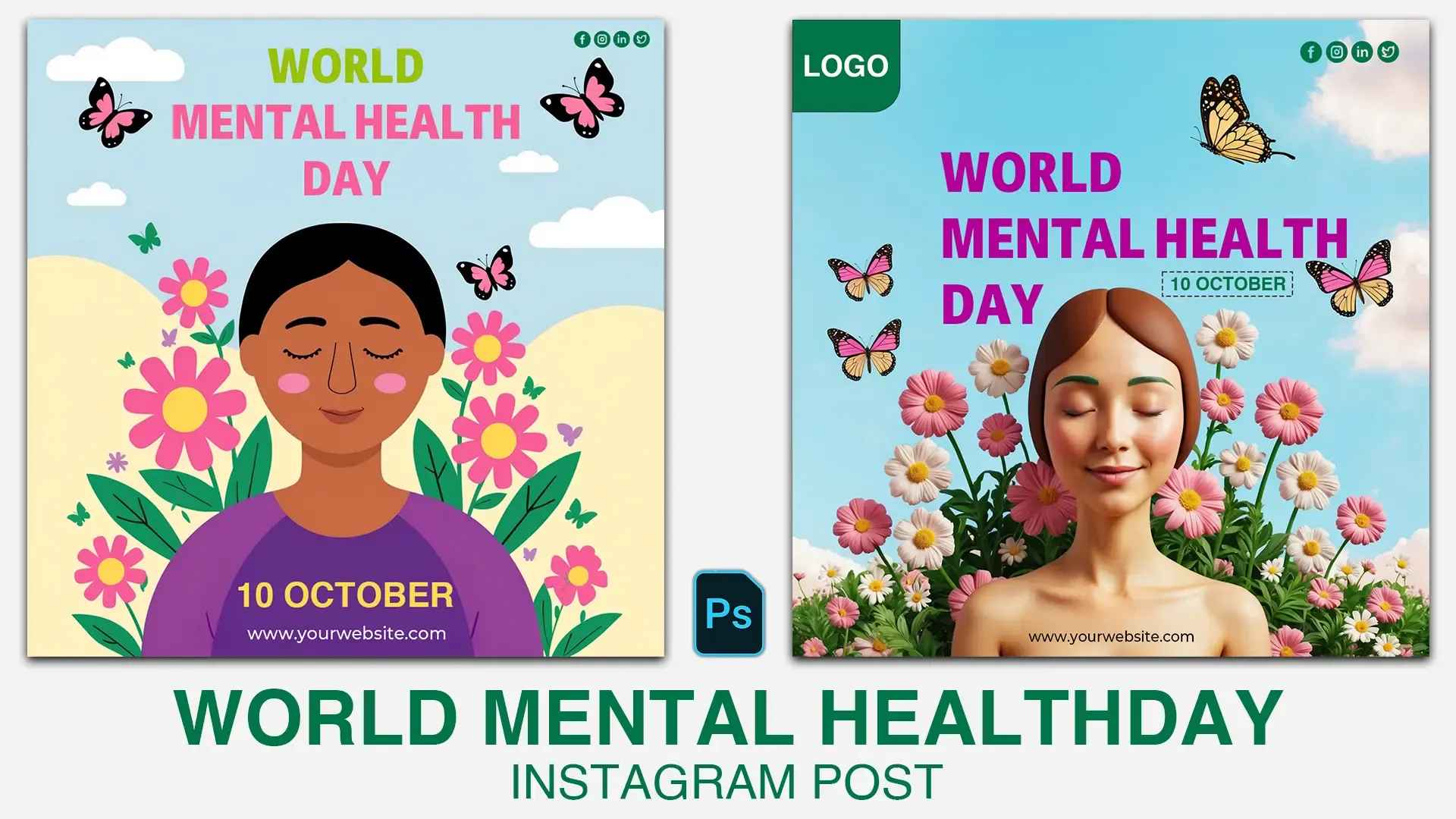 World Mental Health Day Instagram Post with Peaceful Woman Surrounded by Flowers